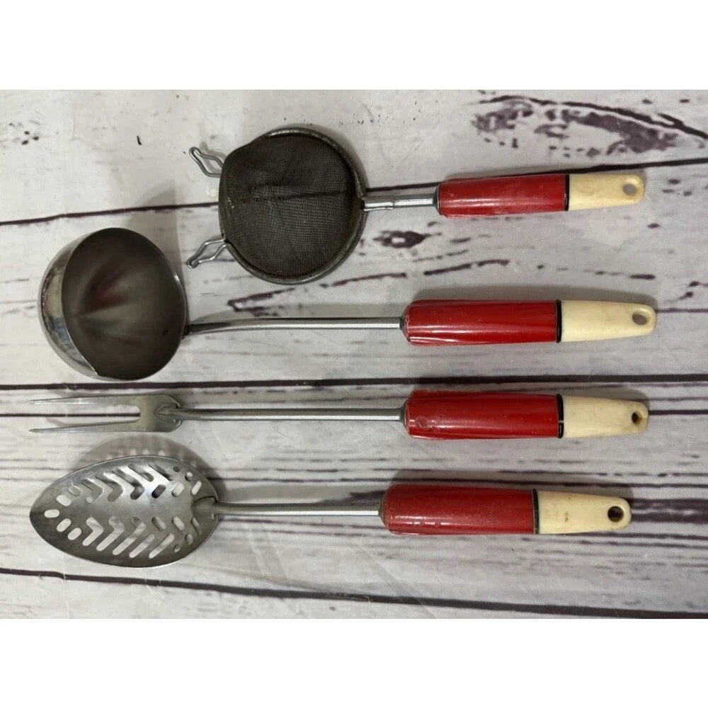 Vintage lot of 4 Kitchen Utensil Red Handle Strainer Ladle Spoon Meat Fork